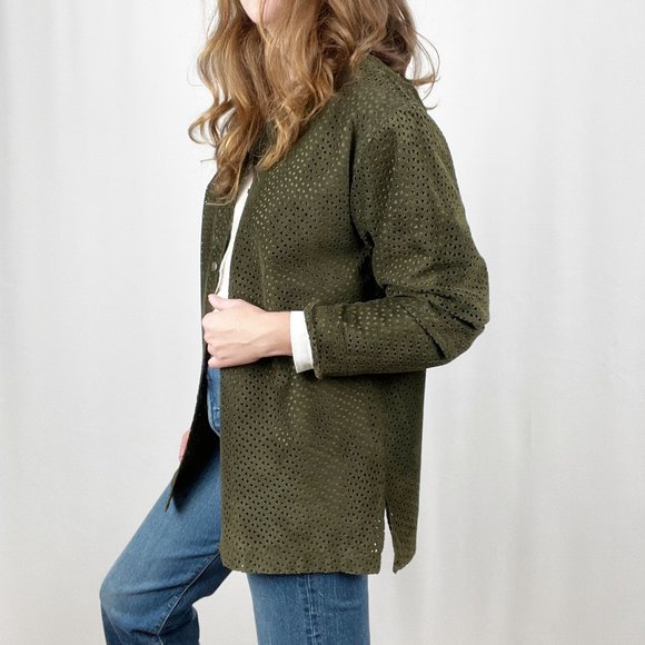 Danier Suede Leather Oversized Shacket Button Up Laser Cut Out Green Jacket Coat - Picture 2 of 9